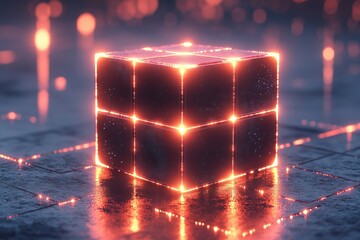 Poster - Cube illuminated by glowing neon lights in a dark environment