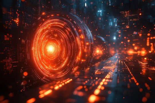 Futuristic digital tunnel with glowing orange patterns in a virtual space environment