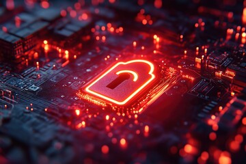 Poster - Digital padlock symbol illuminated in red on a circuit board with glowing data elements