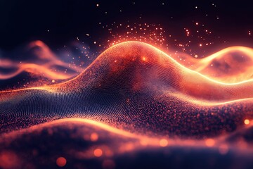 Poster - Vibrant abstract landscape with glowing particles and wave-like contours