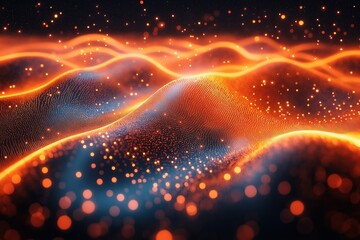 Poster - Vibrant waves of glowing particles creating a mesmerizing digital landscape at night