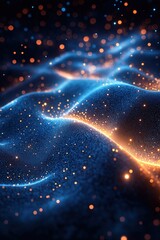 Poster - Visual representation of dynamic blue and orange waves with glowing particles in a dark space