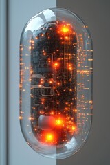 Poster - Futuristic capsule with glowing circuits inside a modern setting showcasing artificial intelligence