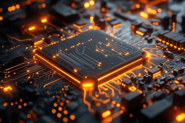 Poster - Circuit board with glowing components showcases advanced technology in a dark setting