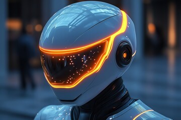 Poster - Futuristic humanoid robot with glowing visor in a modern urban environment at night