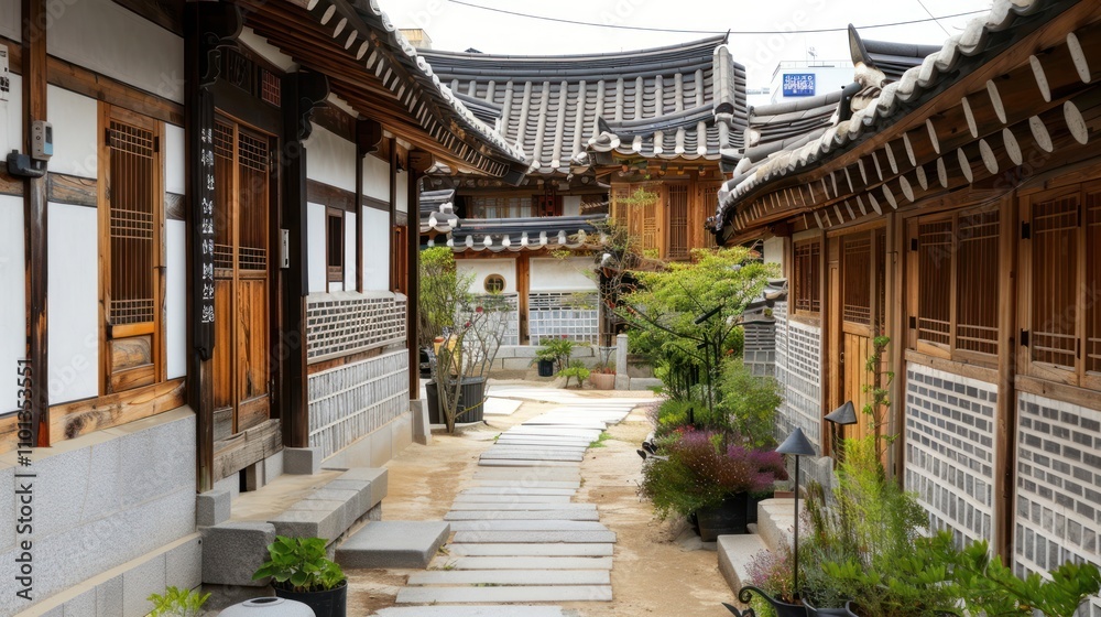 photograph of Bukchon Hanok Village, Korean traditional house in Seoul ...