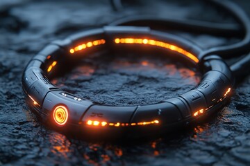 Poster - Futuristic circular device glowing with orange lights rests on textured surface