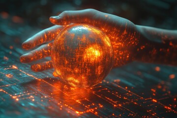 Poster - Hand holding a glowing orb with vibrant patterns in a dark environment