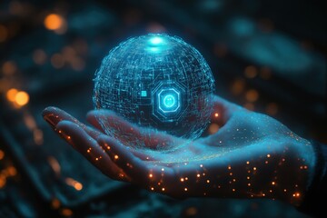 Fototapete - Digital sphere held by a hand illuminated with glowing particles in a technological environment