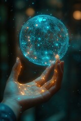 Poster - Hand holding a glowing orb in a mystical setting with cosmic elements