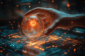 Poster - Hand holds glowing orb above digital landscape with intricate details and vibrant colors
