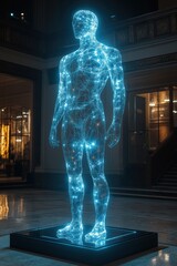 Poster - Digital human sculpture illuminated by blue lights in a contemporary urban space at night