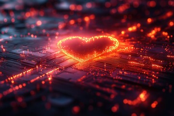 Fototapete - Illuminated heart shape formed by vibrant circuits and glowing particles in a digital landscape