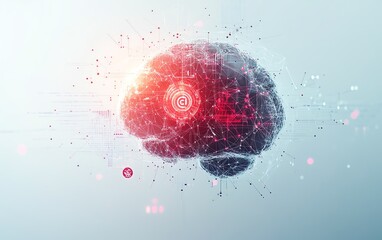 Poster - AI brain with interconnected graphs, gears, and business icons, 3Drendered on a light background, showcasing AI in business and technology