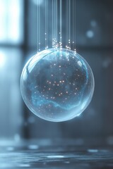 Poster - Floating transparent sphere with glowing particles in a modern environment