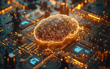 Poster - AI brain with interconnected graphs, gears, and business icons, 3Drendered on a light background, showcasing AI in business and technology