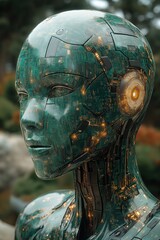 Poster - Intricate futuristic robot head showcasing detailed circuitry and glowing elements