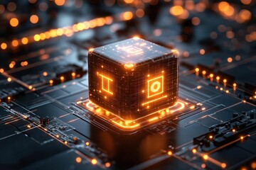 Poster - Digital cube illuminated in circuitry design showcasing advanced technology and AI concepts