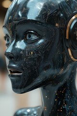 Poster - Futuristic android head with intricate design and advanced features in a modern setting