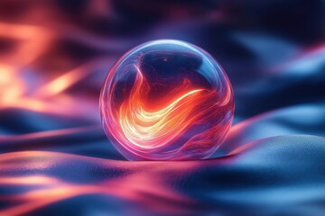 Poster - Colorful swirling orb resting on vibrant, flowing surface during surreal digital art display