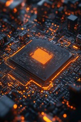 Poster - Circuit board with glowing processor surrounded by intricate electronic components at close range