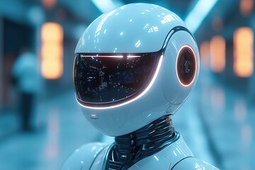 Poster - Futuristic humanoid robot with glowing features in a modern urban setting