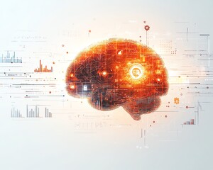 Poster - Futuristic AI brain with glowing business and technology icons like graphs and gears, lightcolored background, illustrating AIdriven progress