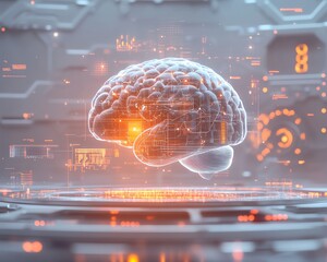 Poster - Futuristic AI brain with glowing business and technology icons like graphs and gears, lightcolored background, illustrating AIdriven progress