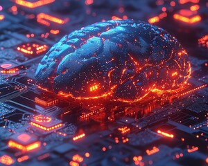 Poster - Futuristic AI brain with glowing business and technology icons like graphs and gears, lightcolored background, illustrating AIdriven progress