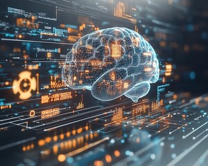 Poster - Futuristic AI brain with glowing business and technology icons like graphs and gears, lightcolored background, illustrating AIdriven progress