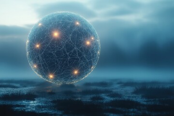Poster - Ethereal network sphere illuminated over serene water during a calm twilight