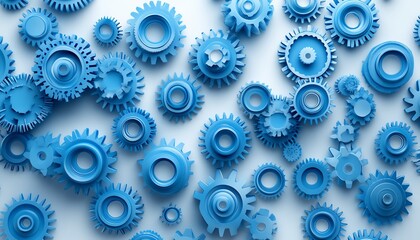 Poster - Multiple blue gears interlocked on a clean white background, symbolizing technology and complex processes, futuristic 3D design