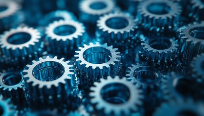 Poster - Multiple blue gears on a light background, illustrating the concept of interconnected technological systems, 3D rendering