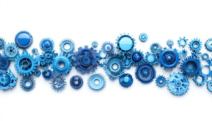 Poster - Multiple blue gears interlocked on a clean white background, symbolizing technology and complex processes, futuristic 3D design