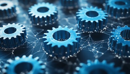 Poster - Multiple blue gears on a light background, illustrating the concept of interconnected technological systems, 3D rendering