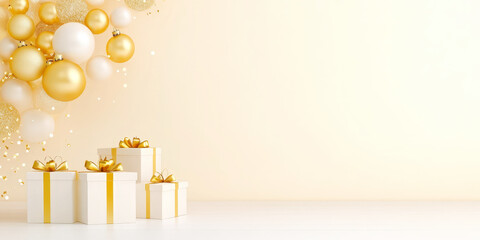 Wall Mural - Christmas-themed gift boxes adorned with golden ribbons and surrounded by shimmering ornaments on a golden background.