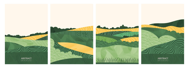 Wall Mural - abstract geometric illustration of sustainable farm landscape with rice, wheat, vineyard, potato, be