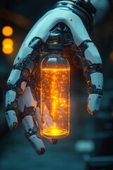 Poster - Robotic hand holding glowing bottle in futuristic setting at night