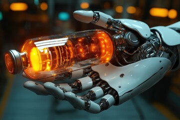 Poster - Futuristic robotic hand holding a glowing energy cell in a modern laboratory setting