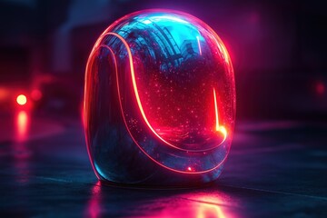 Poster - Futuristic helmet illuminated with vibrant neon lights in a dark urban environment