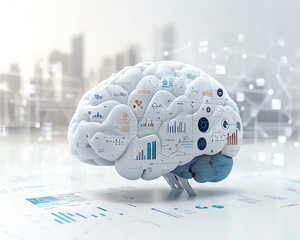 Poster - 3D AI brain with integrated business icons such as graphs and gears, light background, representing AI and technological advancements