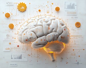 Poster - 3D AI brain with integrated business icons such as graphs and gears, light background, representing AI and technological advancements