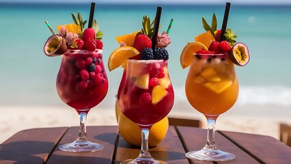 Wall Mural - Set of Three Refreshing Fruit Cocktails Standing on Table on Beach, Blurred Turquoise Sea on Background. Colorful Summer Ice Cold Drinks. Fresh Healthy Beverages with Berries, Orange and Passion Fruit