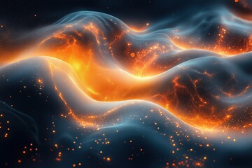 Poster - Dynamic waves of glowing orange light and particles in a dark, abstract landscape