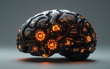 Poster - Abstract 3D AI brain with glowing business icons such as graphs and gears, light background, representing AIdriven technology and business