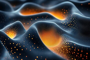 Poster - Abstract digital waves with warm tones and dotted patterns reflecting movement and depth