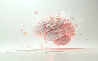 Poster - Abstract 3D AI brain with glowing business icons such as graphs and gears, light background, representing AIdriven technology and business