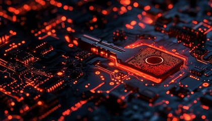 Poster - 3Drendered digital key on a glowing circuit board, representing cybersecurity and data protection, sleek and modern technology theme