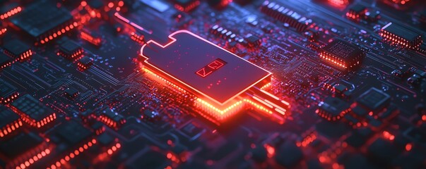 Poster - Abstract digital key on a glowing circuit board, symbolizing data security and protection, modern tech and cybersecurity concept