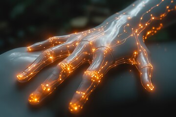 Poster - Meditative moment with a glowing cybernetic hand in a serene setting